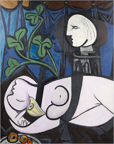 Nudo, foglie verdi e busto di Picasso