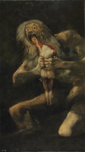 SATURNO DIVORA I SUOI FIGLI  Francisco Goya, Saturno divora i suoi figli (1820-1823; olio su intonaco trasportato su tela, 143,5 x 81,4 cm; Madrid, Prado) Il dio Saturno (Crono per i greci), re degli dèi, avendo saputo dai suoi genitori Gea e Urano che uno dei suoi figli lo avrebbe spodestato, ebbe l’idea di divorarli per non permettere che qualcuno di loro lo cacciasse dal trono. Il suo destino però si compì comunque, perché Giove (Zeus) riuscì a scampare di nascosto al massacro (la moglie di Saturno, Rea, lo generò di nascosto) e, divenuto adulto, tornò per sconfiggere il padre. Francisco Goya (Francisco José de Goya y Lucientes; Fuendetodos, 1746 - Bordeaux, 1828), in uno dei suoi dipinti più conosciuti ed efferati, raffigura il dio mentre con sguardo animalesco è in preda a una terribile furia da cannibale e ha già cominciato a divorare uno dei figli (la testa è già stata staccata di netto ed è colto mentre mangia il braccio destro). Il tutto accade nell’oscurità: l’opera fa parte del ciclo passato alla storia come le Pinturas Negras (“dipinti neri”), perché tutti caratterizzati dall’utilizzo di colori molto scuri. I dipinti neri decoravano in origine un’abitazione nota come “Quinta del Sordo”, appena fuori Madrid, che fu acquistata da Goya nel 1819. Per questo dipinto sono state peraltro fornite interpretazioni che vanno al di là del mero episodio mitologico e delle sue più tradizionali letture (Saturno è anche dio del tempo e il mito è una metafora del tempo che divora ogni cosa): in particolare, potrebbe trattarsi di un’allegoria della follia, o anche una lettura sarcastica della situazione politica del tempo (“Saturno”, ha scritto lo storico dell’arte José Rogelio Buendía, “è simbolo della Spagna assolutista che divora i suoi stessi figli”).